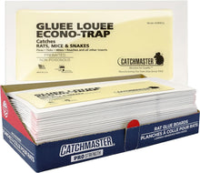 Load image into Gallery viewer, A box of CatchMaster Gluee Louee Econo-Trap glue boards for pest control, with product details visible on the packaging.
