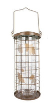 Load image into Gallery viewer, A cylindrical brass bird feeder with a twist-lock lid and eight feeding ports, designed to be resistant to squirrels.