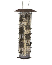 Load image into Gallery viewer, A tall, all-metal, free-standing bird feeder with a rustic leaf design and multiple feeding ports.