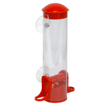 Load image into Gallery viewer, A clear, cylindrical window tube feeder with red suction cups and perches, designed to be mounted to a window for bird watching.