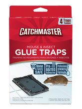 Load image into Gallery viewer, Packaging for CatchMaster Mouse & Insect Glue Traps showing the product and a few glue traps already in use with a mouse captured on one of the traps.