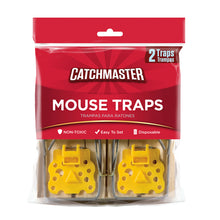 Load image into Gallery viewer, Packaging of CatchMaster Mouse Traps with two traps visible through a clear plastic window, featuring yellow and black colors with a red background.