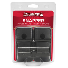 Load image into Gallery viewer, Two-pack of Catchmaster Snapper plastic mouse traps. The image shows a heavy-duty black plastic trap with interlocking gripping teeth on the 'mouth,' a textured trigger pedal, and a rear lever for one-step setting.