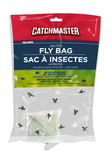 Load image into Gallery viewer, Catchmaster Large Disposable Fly Bag Trap featuring a clear plastic collection bag with printed instructions and a red-and-white 'Stop' sign logo, topped with a yellow locking entry cap for hanging.