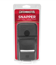Load image into Gallery viewer, Catchmaster Snapper Quick Set Rat Snap Trap in black color, packaged in a clear plastic blister pack with red and gray accents on the packaging.