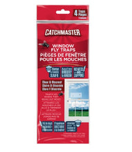 Load image into Gallery viewer, Catchmaster Window Fly Tape 4-pack featuring clear, rectangular adhesive strips designed for discreet fly control. The packaging shows the transparent strips applied to a window glass with the red Catchmaster logo.