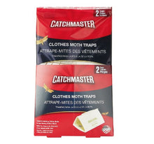 Load image into Gallery viewer, A package of Catchmaster Cloths Moth Traps, with two traps per pack, featuring a red and black design with product information and a white pheromone lure displayed on the front.