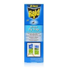 Load image into Gallery viewer, Raid 8-pack of window fly traps. The image shows the red and yellow retail packaging featuring the Raid logo and an illustration of flies near a window. The product contains eight transparent, adhesive-backed strips designed for discreet placement on glass
