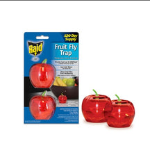 Load image into Gallery viewer, Packaging of Raid Fruit Fly Trap with two traps displayed in front. The packaging is predominantly blue with images of fruits and a fly, and text detailing the product's use and features.