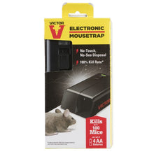 Load image into Gallery viewer, A Victor Electronic Mouse Trap featuring a sleek black design with a removable kill chamber. This battery-operated trap uses smart circuit technology to deliver a humane high-voltage shock for quick rodent elimination without the use of poisons.