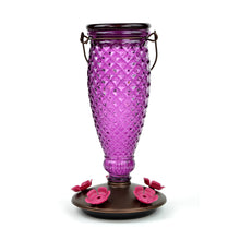 Load image into Gallery viewer, A purple glass hummingbird feeder with a geometric pattern, featuring a wide-mouth top-fill design and five flower-shaped feeding ports, mounted on a metal base.