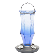 Load image into Gallery viewer, A vintage-style blue hummingbird feeder with a glass bottle, brushed nickel base, and metal hanger.