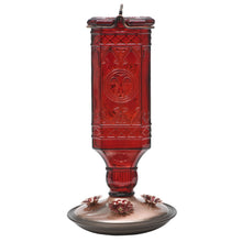 Load image into Gallery viewer, A red rectangular antique style glass hummingbird feeder with a brushed copper base and four flower feeding ports.