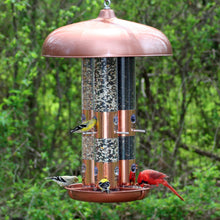 Load image into Gallery viewer, A copper finish triple tube bird feeder with several birds perched and feeding on it, set against a natural background.
