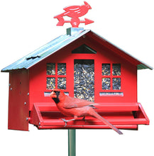 Load image into Gallery viewer, CHS Woodstream Perky Pet SQUIRREL-BE-GONE COUNTRY Style Feeder 338 RED Weight-activated seed protection covers ports under a squirrel’s weight Tough all-metal construction with removable roof for easy filling Can be hung or pole mounted for ideal placement Holds up to 8 lbs of seed