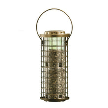 Load image into Gallery viewer, Perky-Pet Squirrel Stumper Bird Feeder featuring a clear cylindrical seed reservoir encased in a protective metal wire cage. The design includes a twist-lock lid and eight feeding ports to accommodate multiple birds.
