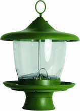 Load image into Gallery viewer, A green height-adjustable bird feeder with a clear acrylic seed compartment and a circular feeding tray.