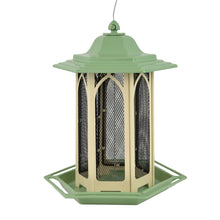 Load image into Gallery viewer, A green and beige Perky-Pet Pistachio Gazebo Feeder with a metal lid and mesh windows, designed for bird feeding.