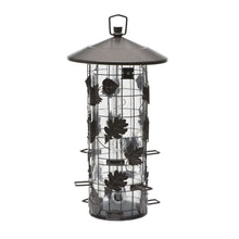 Load image into Gallery viewer, A metal bird feeder with glass panels and a solid gray top, designed to prevent squirrels from eating the seed inside.