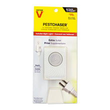 Load image into Gallery viewer, A single Victor PestChaser ultrasonic rodent repellent unit featuring a built-in extra outlet and soft-glow nightlight. This white plug-in device is designed to repel mice and rats in average-sized rooms while allowing the wall socket to remain functional for other electronics.