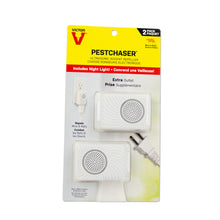 Load image into Gallery viewer, A 2-pack of Victor PestChaser ultrasonic rodent repellents. These white plug-in devices feature a built-in nightlight and use high-frequency sound waves to repel mice and rats from medium-sized indoor spaces without the use of chemicals.