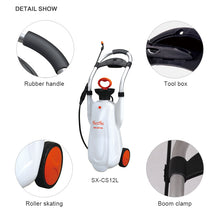 Load image into Gallery viewer, CHS 12 Litre orange handle White pull cart style pesticide/insecticide pump sprayer on wheels