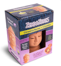 Load image into Gallery viewer, CHS ZendoZones Backyard Buddha Citronella Burner and 3 Candles All-natural Citronella Candle burns for up to 8 hours Perfect for patios, decks, backyards, campsites, poolside, and more Portable burner figurine to help you find your Zen anytime and anywhere Place candle in burner, light candle, you are in the ZendoZone INCLUDES 3 Citronella Candles with 3% Citronella