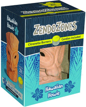 Load image into Gallery viewer, CHS ZendoZones Hawaiian Howie All-Natural Citronella Candle Burner with 3 Candles All-natural Citronella Candle burns for up to 8 hours Perfect for patios, decks, backyards, campsites, poolside, and more Portable burner figurine to help you find your Zen anytime and anywhere Place candle in burner, light candle, you are in the ZendoZone INCLUDES 3 Citronella Candles with 3% Citronella