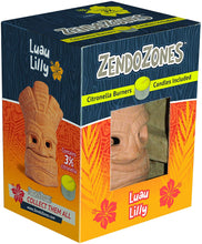 Load image into Gallery viewer, CHS ZendoZones 18P-LL Luau Lilly All-Natural Citronella Candle Burner All-natural Citronella Candle burns for up to 8 hours Perfect for patios, decks, backyards, campsites, poolside, and more Portable burner figurine to help you find your Zen anytime and anywhere Place candle in burner, light candle, you are in the ZendoZone INCLUDES 3 Citronella Candles with 3% Citronella