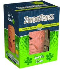 Load image into Gallery viewer, CHS ZendoZones Surfin Stan All-Natural Citronella Candle Burner with 3 Candles All-natural Citronella Candle burns for up to 8 hours Perfect for patios, decks, backyards, campsites, poolside, and more Portable burner figurine to help you find your Zen anytime and anywhere Place candle in burner, light candle, you are in the ZendoZone INCLUDES 3 Citronella Candles with 3% Citronella