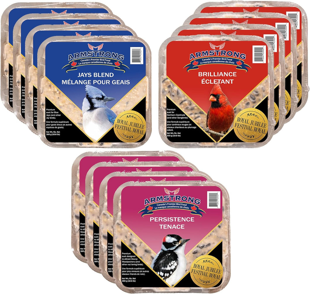 Armstrong Royal Jubilee Suet Variety Pack, Wild Bird Food, Brilliance, Jays Blend, Persistence (12 Pack) 3.6KG