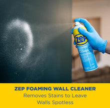 Load image into Gallery viewer, Zep foaming wall cleaner being sprayed on a stained wall with text highlighting its cleaning capabilities.

