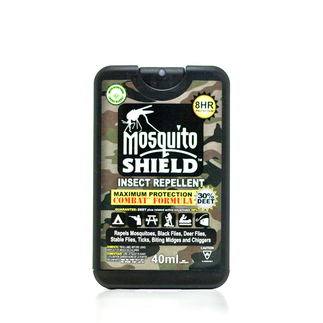 CHS Mosquito Shield 8hr Combat Formula Pocket Size 40ml Pump Spray for the extreme outdoors man looking for maximum protection and durability.Which makes it an essential addition for extreme adventurers and outward bounders.  Active Ingredient: DEET 30%, the maximum allowable by Health Canada