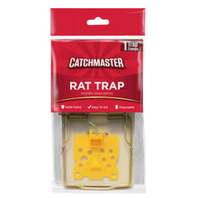 Load image into Gallery viewer, Catchmaster Rat Trap in packaging, with a yellow trigger and metal wiring visible through the clear plastic.

