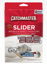 Load image into Gallery viewer, Catchmaster Slider Bed Bug Monitor 4-pack featuring small, rectangular plastic traps with a clear viewing window and a textured black base. The packaging is red and white, highlighting the product as a non-toxic detection system.
