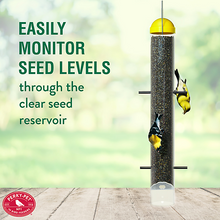 Load image into Gallery viewer, CHS Woodstream Perky-Pet Upside Down Thistle Feeder - 2 lb Seed Capacity 399-6  Feeding stations designed for upside down feeding Easily monitor seed levels through the clear plastic seed tube Six ports with perches allow multiple birds to dine at once Bright yellow accents attract goldfinches to the feeder Holds up to 2 lb of thistle
