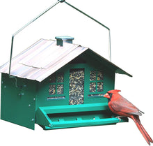 Load image into Gallery viewer, CHS Woodstream Perky Pet SQUIRREL-BE-GONE Home Style Feeder 339 Green Weight-activated seed protection covers ports under a squirrel’s weight Tough all-metal construction with removable roof for easy filling Can be hung or pole mounted for ideal placement Holds up to 8 lbs of seed
