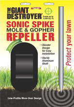 Load image into Gallery viewer, CHS THE GIANT DESTROYER Sonic Mole &amp; Gopher Solar Spike Slender design for easy installation Sturdy aluminum shaft Low profile mow-over design Protect your lawn 7500 SQ Feet Coverage Effectively repels moles, gophers and other burrowing rodents.
