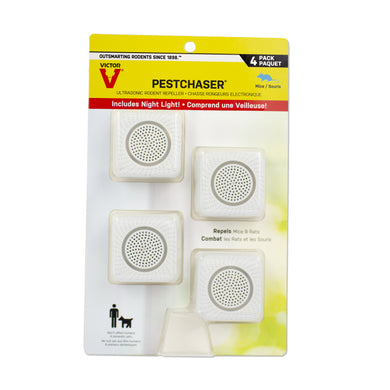 CHS Victor PestChaser Rodent Repellent with Nightlight 4/PK # CM754K Plug-in repellent is effective against mice, rats, and other rodents Ideal for average-sized rooms including living rooms, bedrooms, and kitchens Produces a high frequency sound that repels rodents and is inaudible to humans Non-toxic, poison-free design is safe for use around children and non-rodent pets Includes a convenient nightlight feature that provides soft illumination 