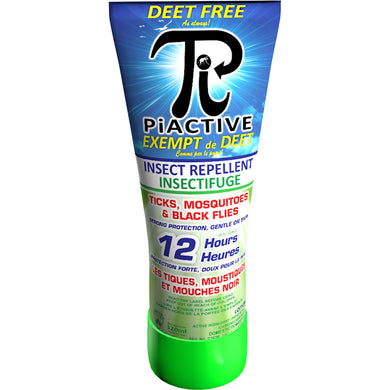 CHS New Piactive Original Cream 100% Deet Free 12hr 12g Tube DEET FREE as always Non oily, greasy, or sticky Will not damage fishing lines, plastic or other synthetic materials. non-scented No-irritating  skin effects* Skin friendly Dermatologically tested* Good skin compatibility Provides long lasting protection; – up to 12 hrs of protection against mosquitoes and ticks. – up to 10 hrs of protection against black flies