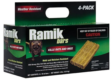 CHS Ramik Bars 4 x 16oz box, active ingredient is diphacinone, all-weather rodenticide for controlling rats and mice indoors and outdoors, commercial use only