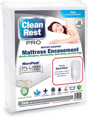 CHS Clean Rest Pro 100% bugproof waterproof Mattress Encasement (Twin) provides a breathable barrier that blocks bed bugs and all micro-toxins larger than one micron like dust mites, mold spores, pet dander and pollen Patented zip-n-click closure prevents bed bug migration