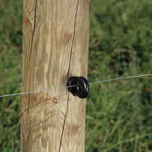 Load image into Gallery viewer, CHS Zareba Black Ring Insulator - 1-Pack For 9 gauge through 22 gauge high-tensile steel wire and aluminum wire, all polywire (both regular and heavy duty), and polyrope up to ¼” in diameter Angled slot ensures wire retention 25 insulators per bag (Black) (IWSIRB-Z)
