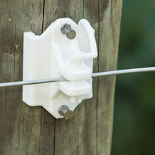 Load image into Gallery viewer, CHS Zareba White Pin-Lock Wood And T-Post Insulator Tightly fastens electrified wire to wood, metal and T-posts (1.25 or 1.33 T-posts) For 9 gauge through 22 gauge high-tensile steel wire and aluminum wire, all polywire (both regular and, and polyrope up to ¼” in diameter Molded pin holds wire tightly Nails are not included 25 insulators per bag (IWTPLW-Z)
